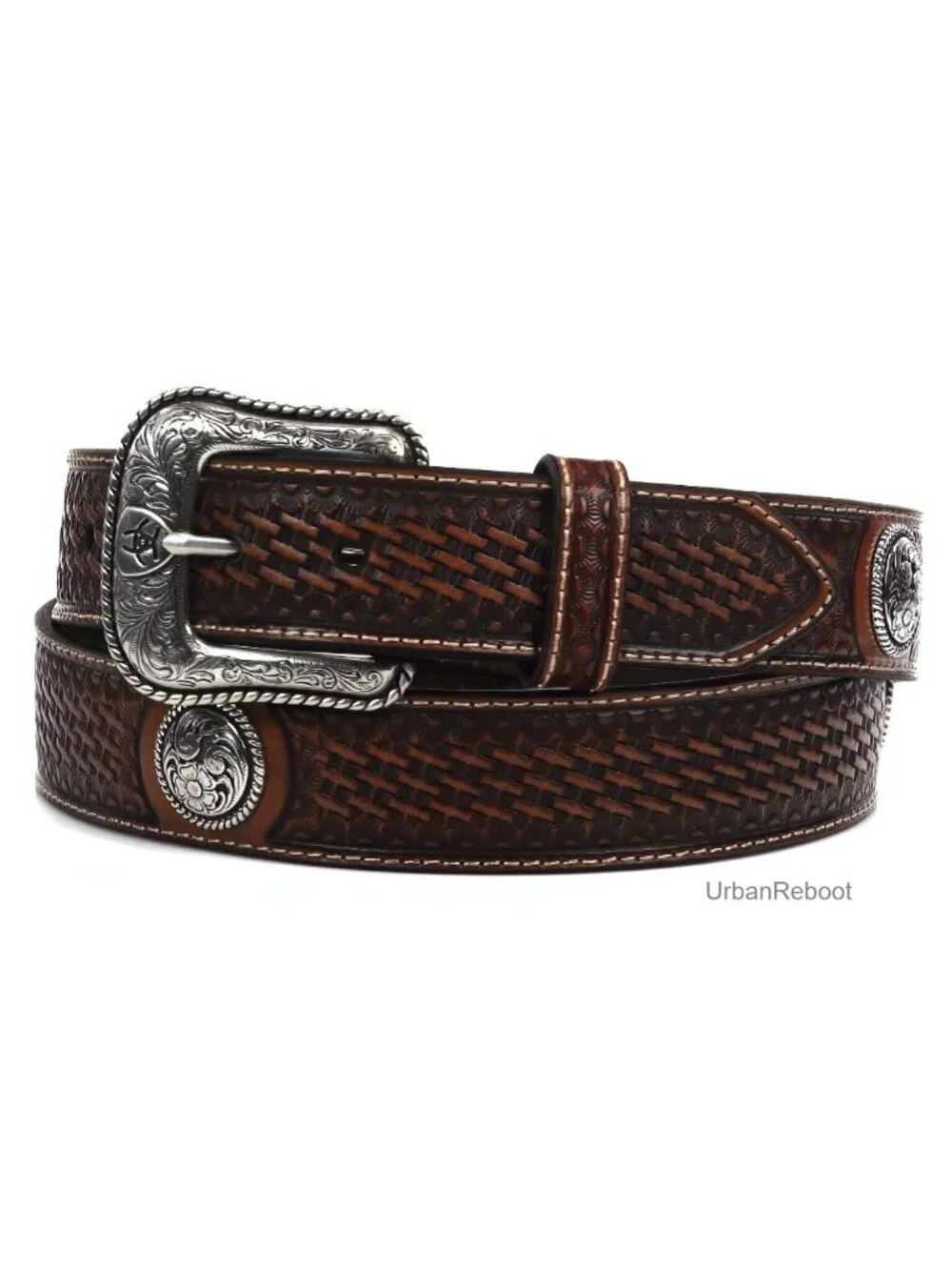 Western Leather Belt with Removable Silver Buckle and Floral Conchos